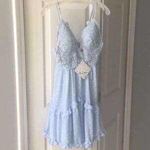 NWT Angel Biba Womens Deep V Neck Crochet Bust Swiss Dot Mini Dress Size XS Blue